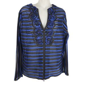 T&W Designs Women Jacket Full Zip Rosettes Striped Blue Black Sheer Long Sleeve